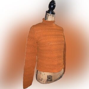 ASOS Rust Orange Boxy Stretch Knit Crochet Lace Like Frilly Turtleneck Texture 6